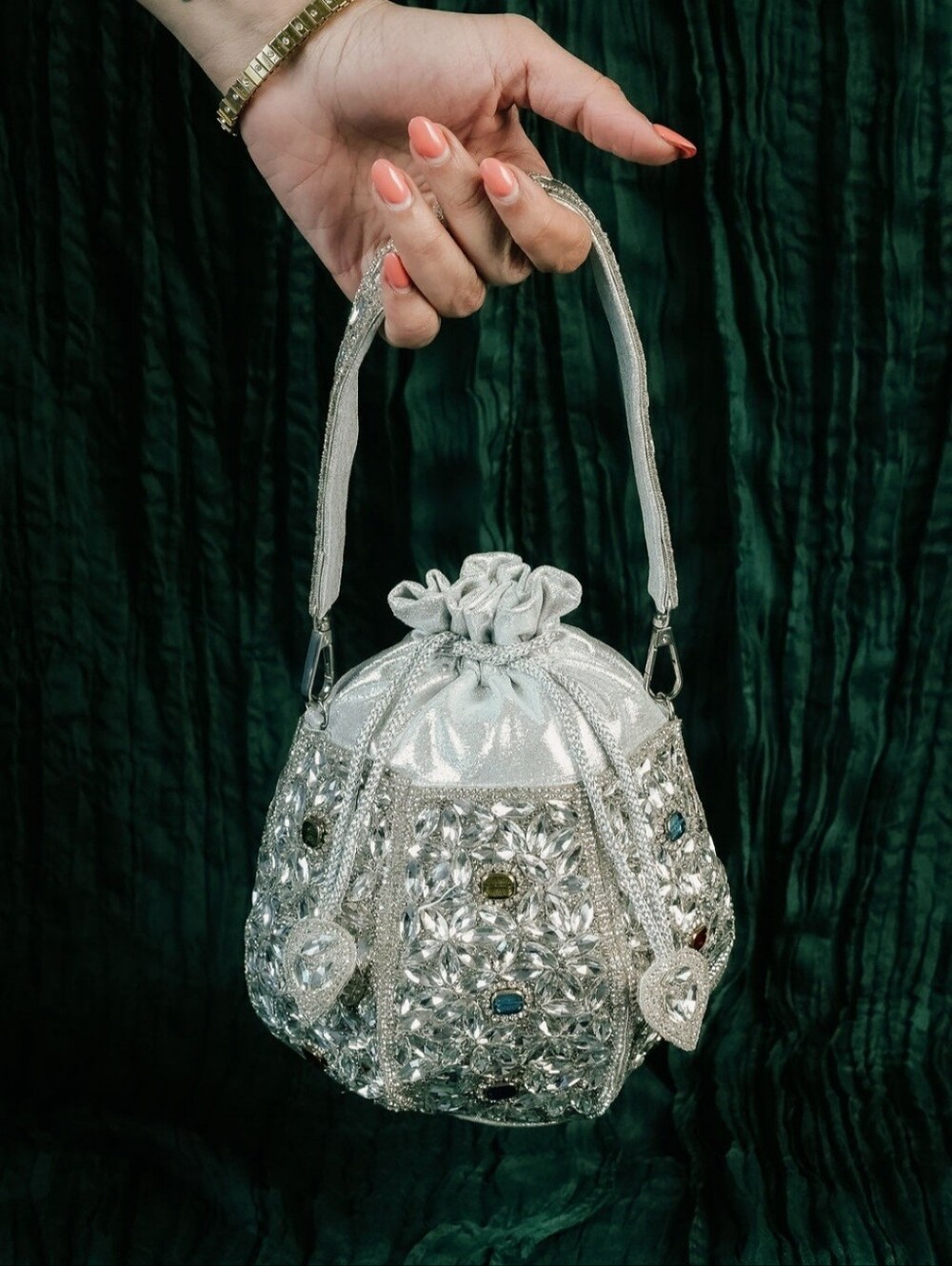 Silver Beaded Drawstring Evening Bag